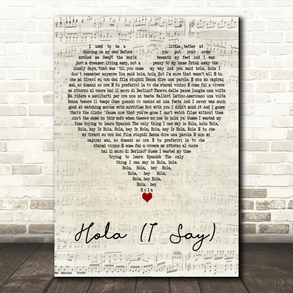 Marco Mengoni Featuring Tom Walker Hola (I Say) Script Heart Wall Art Song Lyric Print