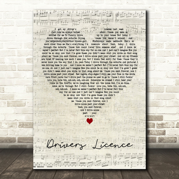 Olivia Rodrigo drivers licence Script Heart Decorative Wall Art Gift Song Lyric Print