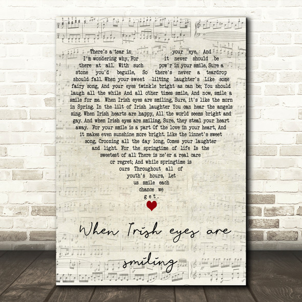 Joni james When Irish eyes are smiling Script Heart Decorative Gift Song Lyric Print