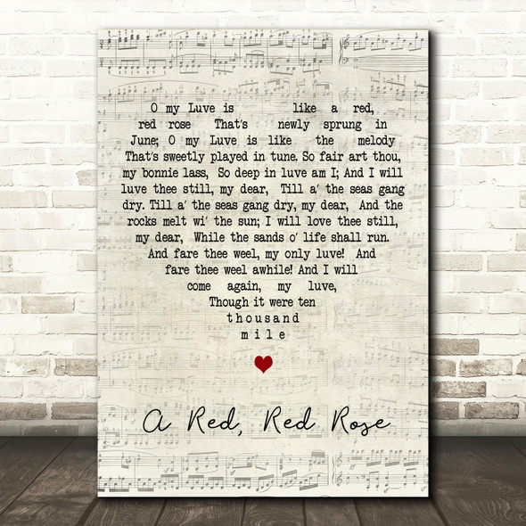 Robert Burns A Red, Red Rose Script Heart Decorative Wall Art Gift Song Lyric Print