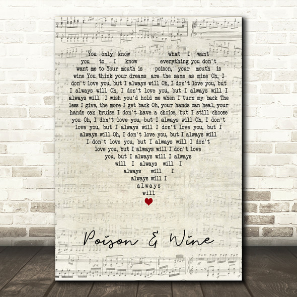 The Civil Wars Poison & Wine Script Heart Decorative Wall Art Gift Song Lyric Print