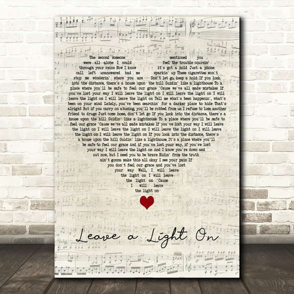 Tom Walker Leave a Light On Script Heart Decorative Wall Art Gift Song Lyric Print