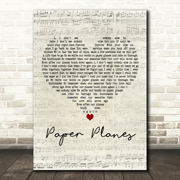 Alexander Jean Paper Planes Script Heart Decorative Wall Art Gift Song Lyric Print