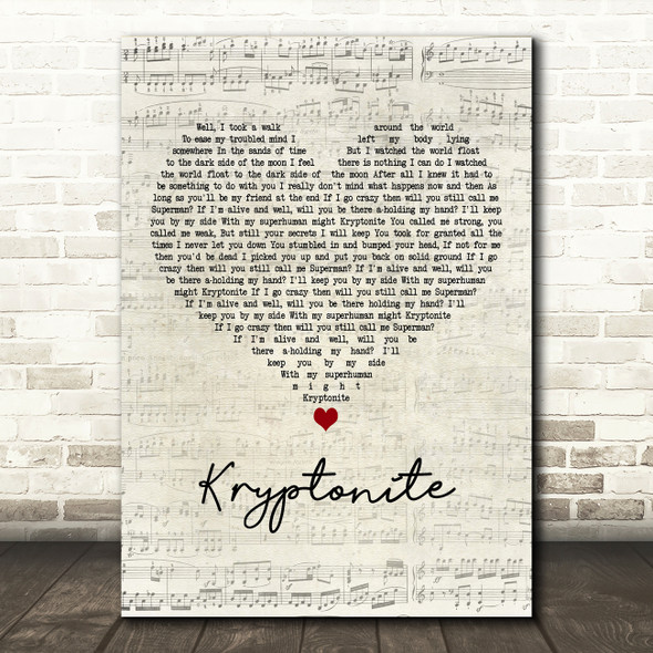 3 Doors Down Kryptonite Script Heart Decorative Wall Art Gift Song Lyric Print
