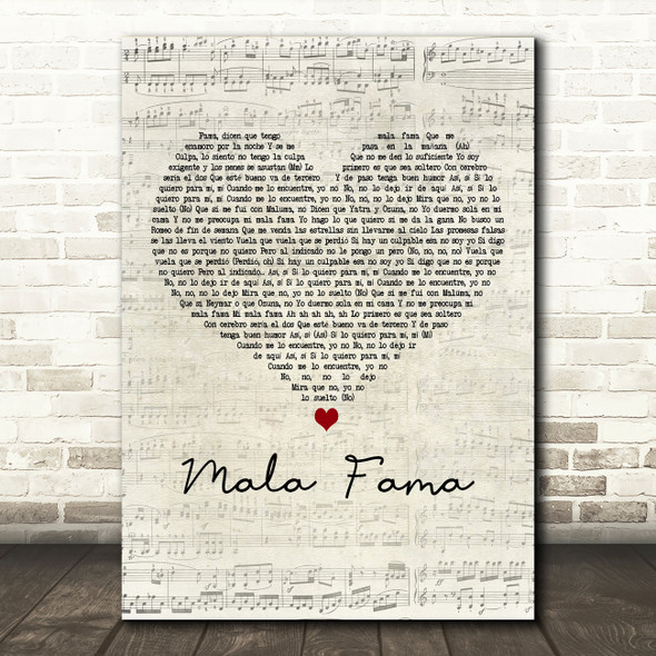 Danna Paola Mala Fama Script Heart Decorative Wall Art Gift Song Lyric Print