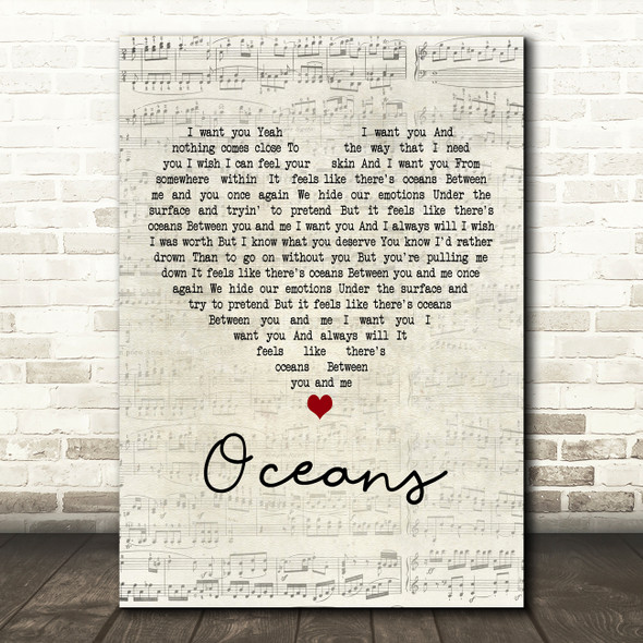 Seafret Oceans Script Heart Decorative Wall Art Gift Song Lyric Print