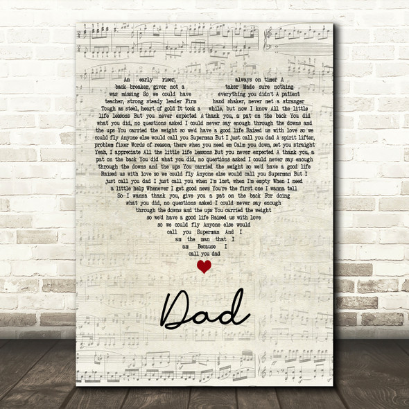 Tyler Wood Dad Script Heart Decorative Wall Art Gift Song Lyric Print