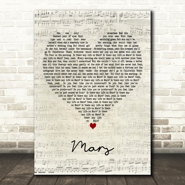 YUNGBLUD Mars Script Heart Decorative Wall Art Gift Song Lyric Print
