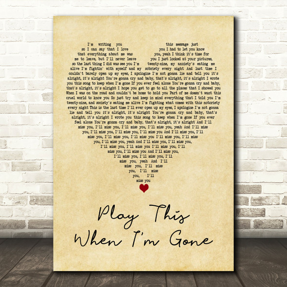 Machine Gun Kelly Play This When Im Gone Vintage Heart Decorative Wall Art Gift Song Lyric Print