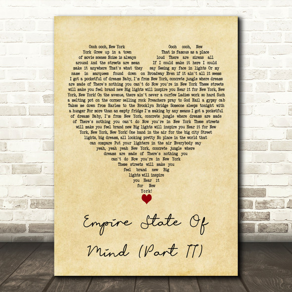 Alicia Keys Empire State Of Mind (Part II) Vintage Heart Decorative Gift Song Lyric Print