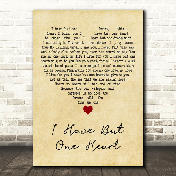 Al Martino I Have But One Heart Vintage Heart Decorative Wall Art Gift Song Lyric Print