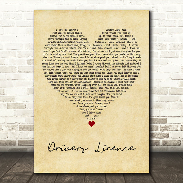 Olivia Rodrigo drivers licence Vintage Heart Decorative Wall Art Gift Song Lyric Print