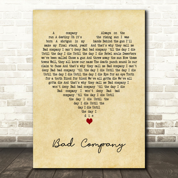 Five Finger Death Bad Company Vintage Heart Decorative Wall Art Gift Song Lyric Print