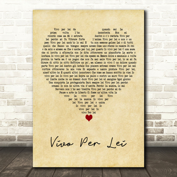 Andrea Bocelli Vivo Per Lei Vintage Heart Decorative Wall Art Gift Song Lyric Print