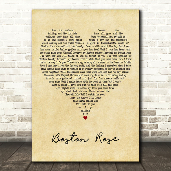 The Wolfe Tones Boston Rose Vintage Heart Decorative Wall Art Gift Song Lyric Print