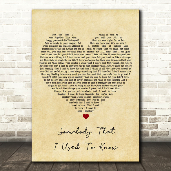 Gotye Somebody That I Used To Know Vintage Heart Decorative Gift Song Lyric Print