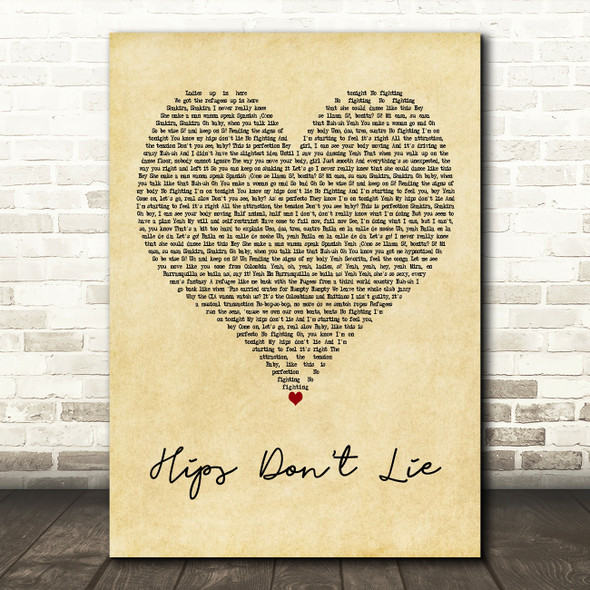 Shakira Hips Dont Lie Vintage Heart Decorative Wall Art Gift Song Lyric Print