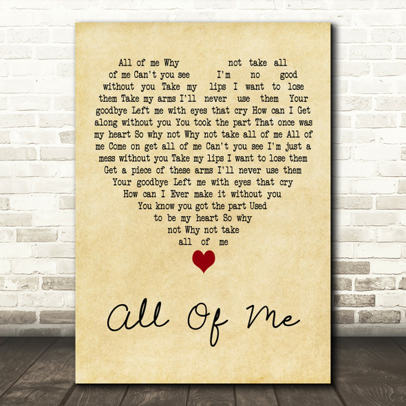 Irvin Berlin All Of Me Vintage Heart Decorative Wall Art Gift Song Lyric Print