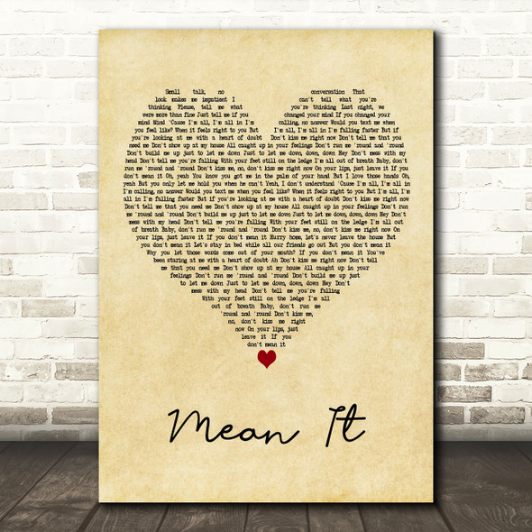 Lauv & LANY Mean It Vintage Heart Decorative Wall Art Gift Song Lyric Print