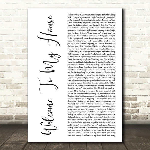 Nu Breed Featuring Jesse Howard Welcome To My House White Script Wall Art Gift Song Lyric Print
