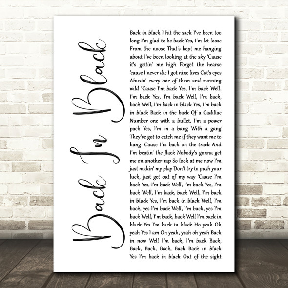 ACDC Back In Black White Script Decorative Wall Art Gift Song Lyric Print