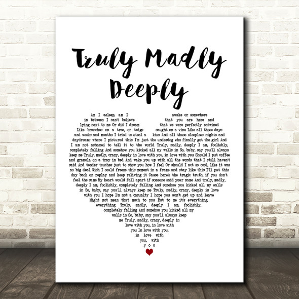 One Direction Truly Madly Deeply White Heart Decorative Wall Art Gift Song Lyric Print