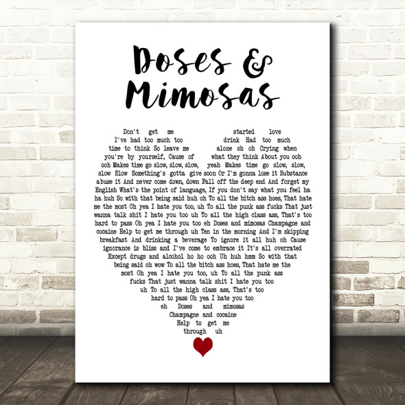 Cherub Doses & Mimosas White Heart Decorative Wall Art Gift Song Lyric Print