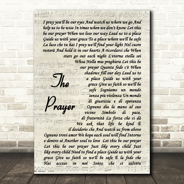 Celine Dion & Andrea Bocelli The Prayer Vintage Script Decorative Wall Art Gift Song Lyric Print