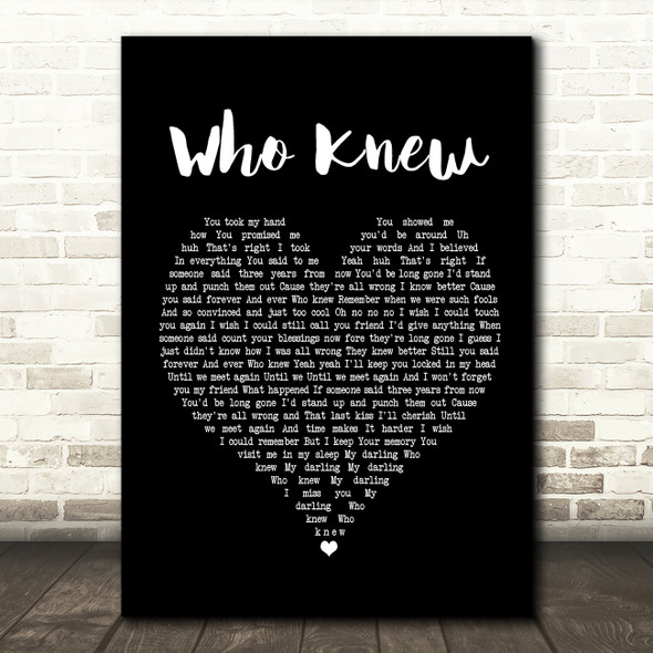 Pink Who Knew Black Heart Song Lyric Quote Print