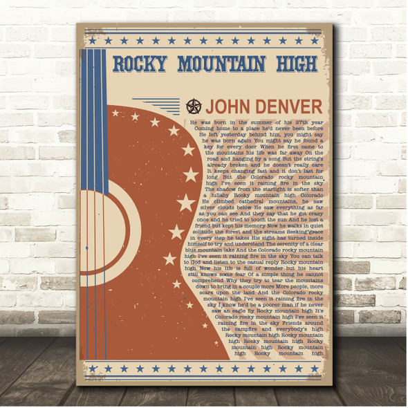 John Denver Rocky Mountain High Country Western Festival Guitar Song Lyric Print
