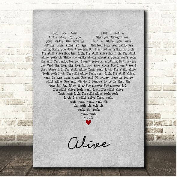 Pearl Jam Alive Grey Heart Song Lyric Print