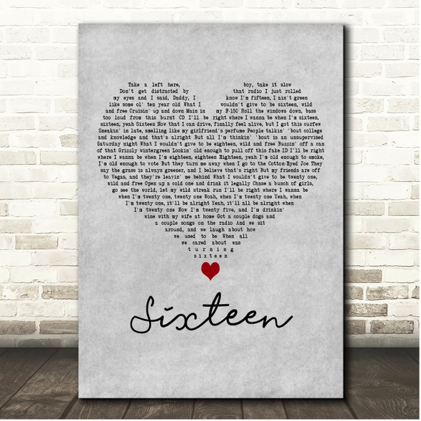 Thomas Rhett Sixteen Grey Heart Song Lyric Print