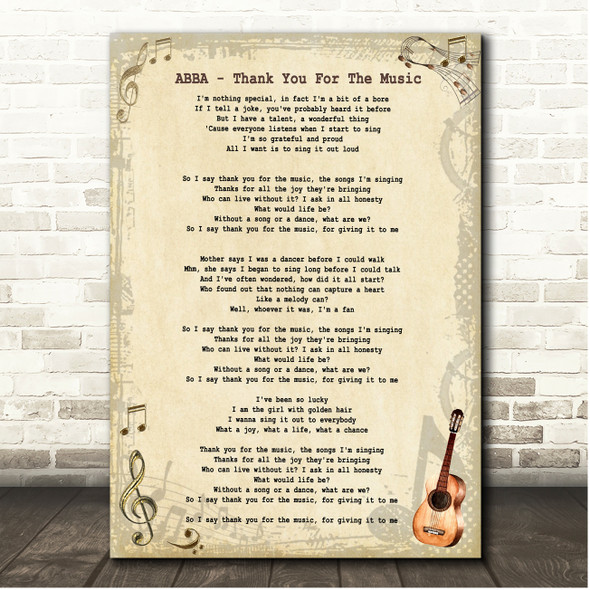 ABBA Thank You For The Music Vintage Guitar Song Lyric Print