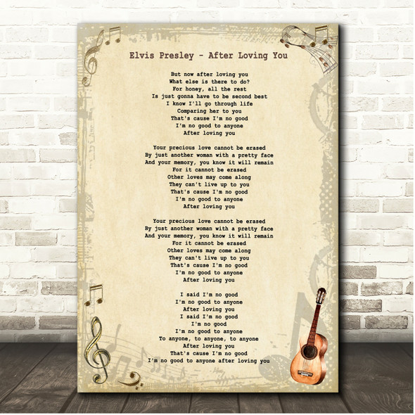 Elvis Presley After Loving You Vintage Guitar Song Lyric Print