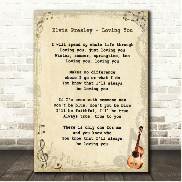 Elvis Presley Loving You Vintage Guitar Song Lyric Print