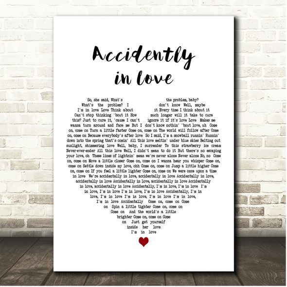 Kid Rain Accidently in love White Heart Song Lyric Print
