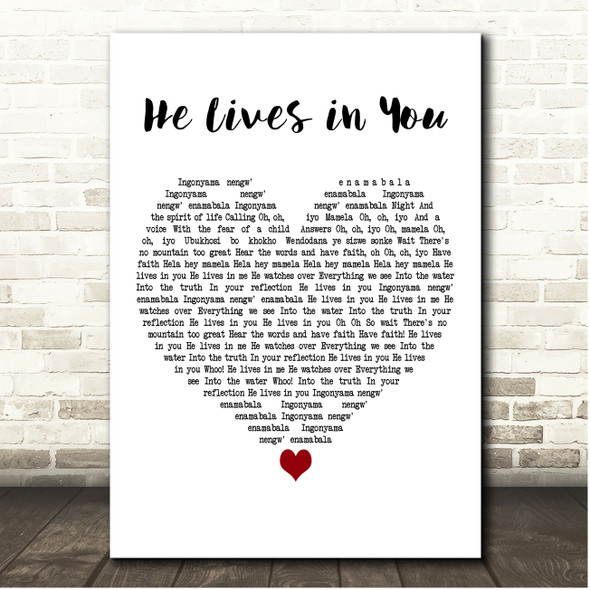 Walt Disney Records He Lives in You White Heart Song Lyric Print