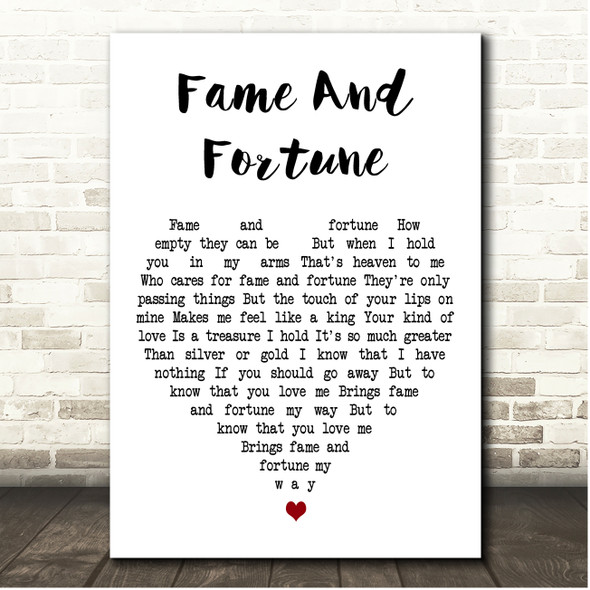 Elvis Presley Fame And Fortune White Heart Song Lyric Print