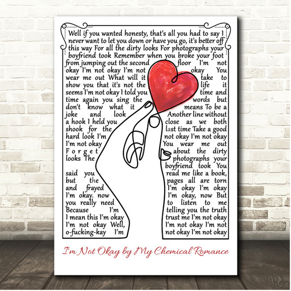 My Chemical Romance I'm Not Okay Line Art Hand & Heart Song Lyric Print