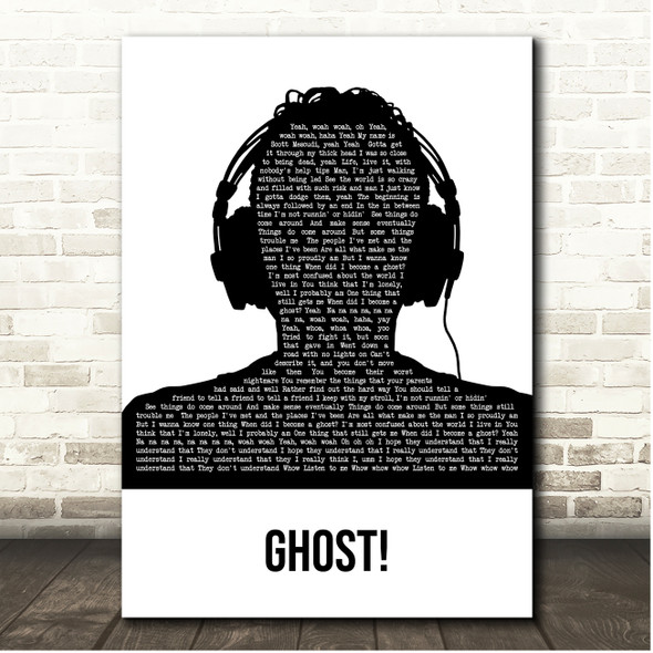 Kid Cudi Ghost! Black & White Man Headphones Song Lyric Print