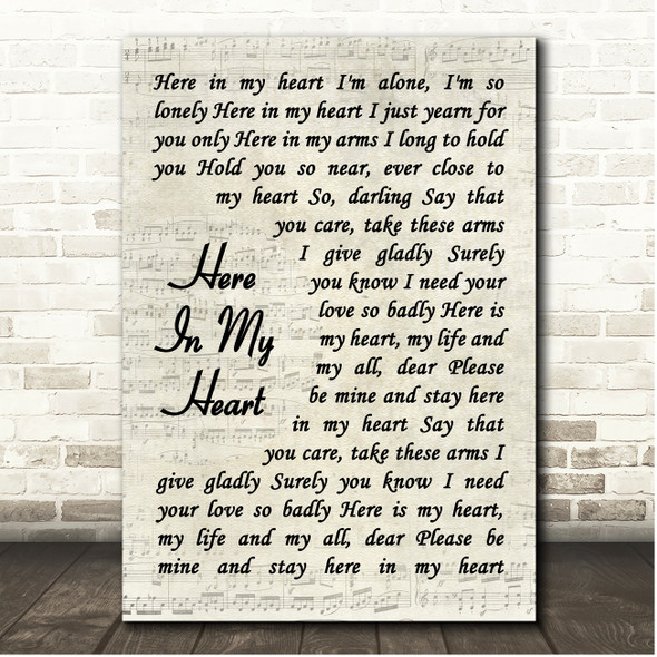 Al Martino Here In My Heart Vintage Script Song Lyric Print