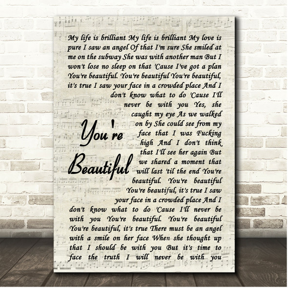 James Blunt You're Beautiful Vintage Script Song Lyric Print