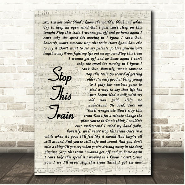 John Mayer Stop This Train Vintage Script Song Lyric Print