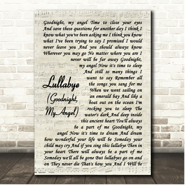 Billy Joel Lullabye (Goodnight, My Angel) Vintage Script Song Lyric Print