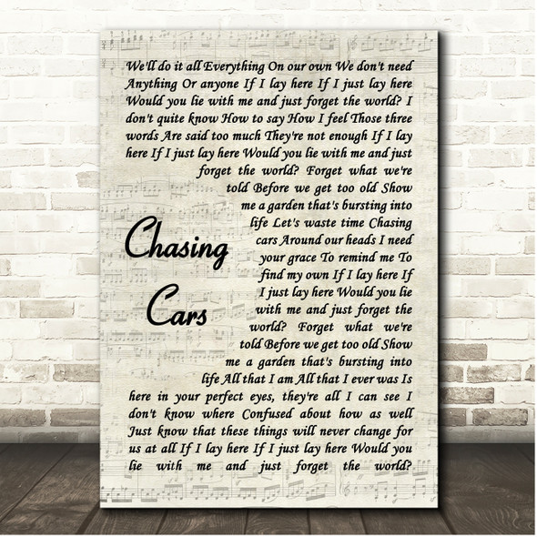 Snow Patrol Chasing Cars Vintage Script Song Lyric Print