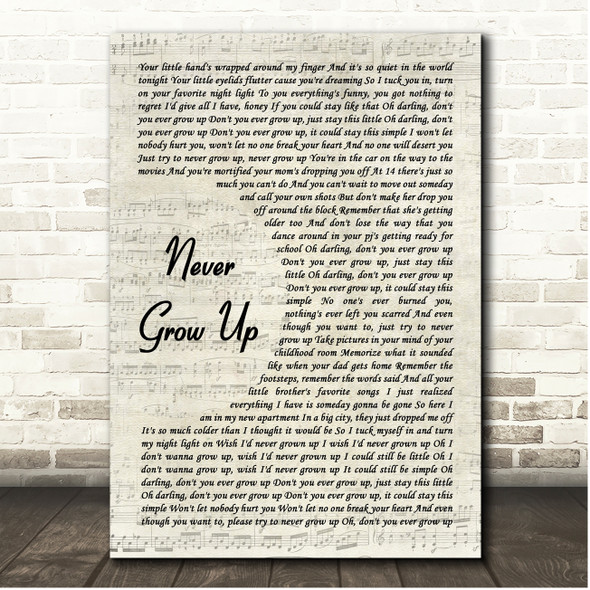 Taylor Swift Never Grow Up Vintage Script Song Lyric Print