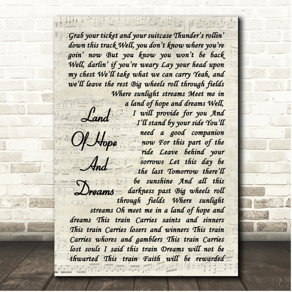 Bruce Springsteen Land Of Hope And Dreams Vintage Script Song Lyric Print