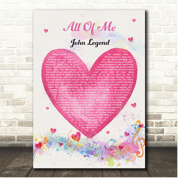John Legend All Of Me Pink Heart Colourful Music Notes Song Lyric Print