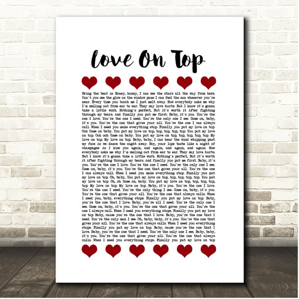 Beyonce Knowles Love On Top Red Hearts In Row Song Lyric Print