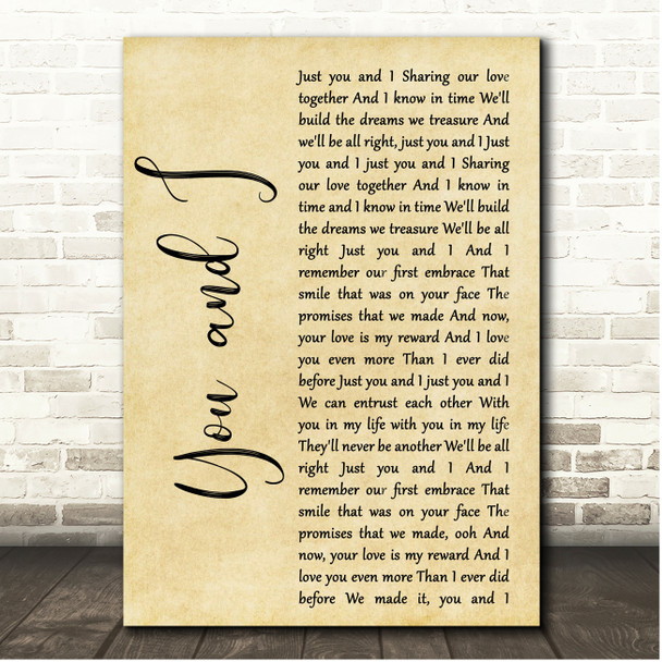 Crystal Gayle, Eddie Rabbitt You and I Rustic Script Song Lyric Print